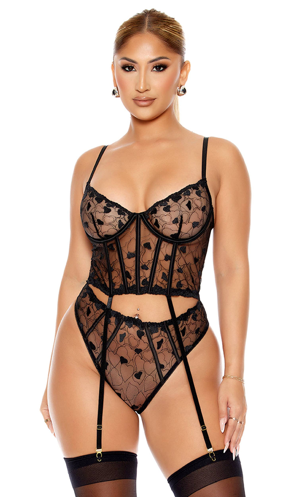 Heart You Embroidered Longline Bra Lingerie Set