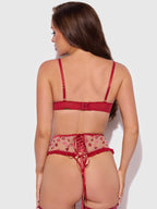 Angelina Lips Embroidery Open Cup Bra, Garter & Bow G-String Set