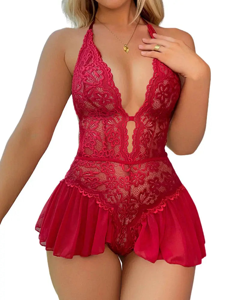 Lace Strap See-Through Crotchless Teddy