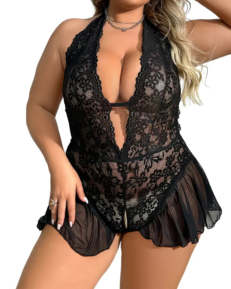 Lace Strap See-Through Crotchless Teddy