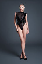 Latex-look Vinyl & Mesh Deep V Bodysuit Femme Fatale