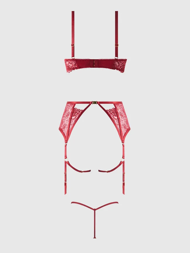 Bellvian™ Rosalie Lace Open-Cup Bra, Garter & G-String Set
