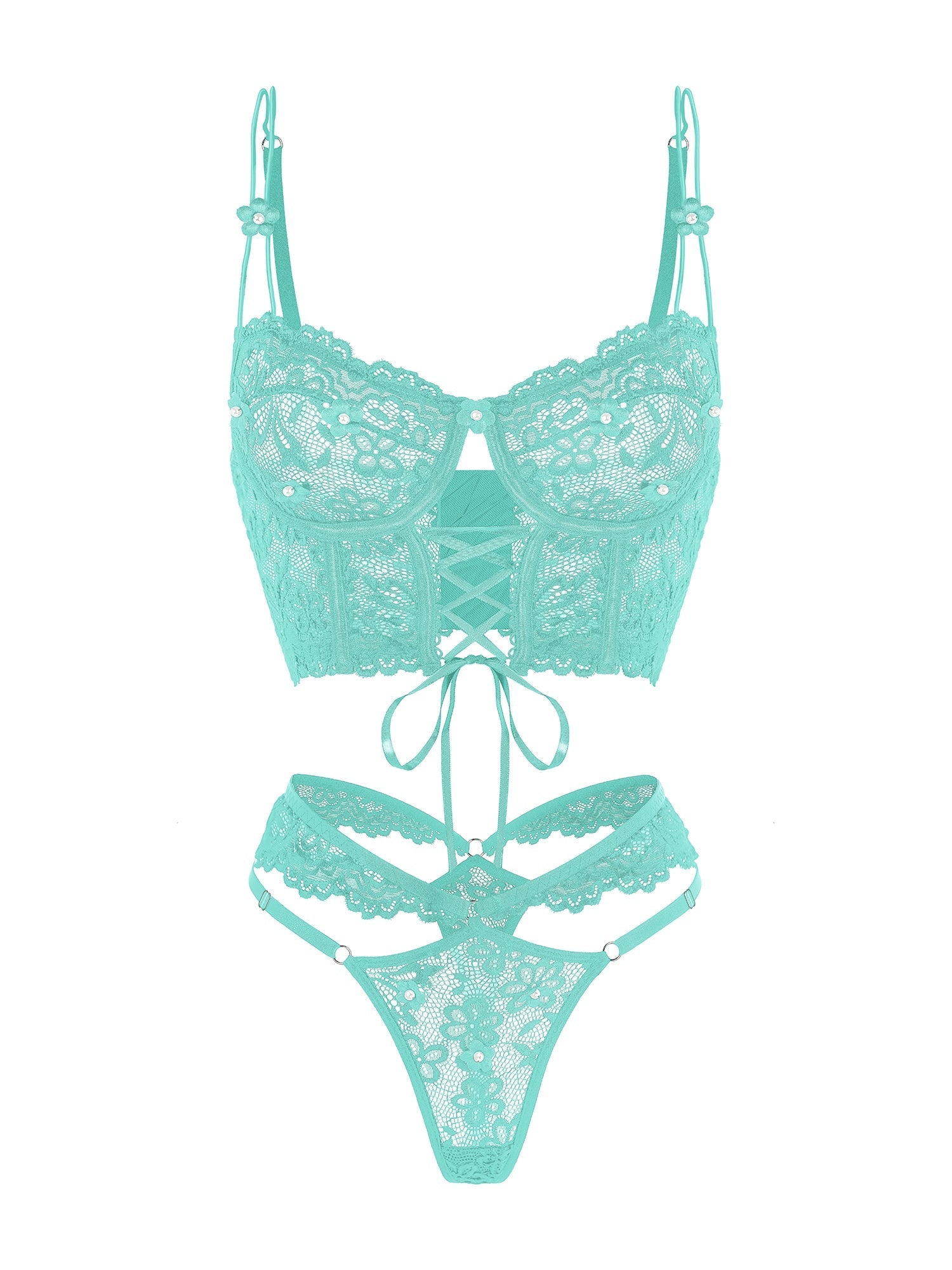 Green Pearls Flower Lingerie Set