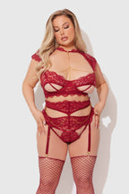 Dezi Lace & Chain Open Cup Bra, Garter & G-String Set