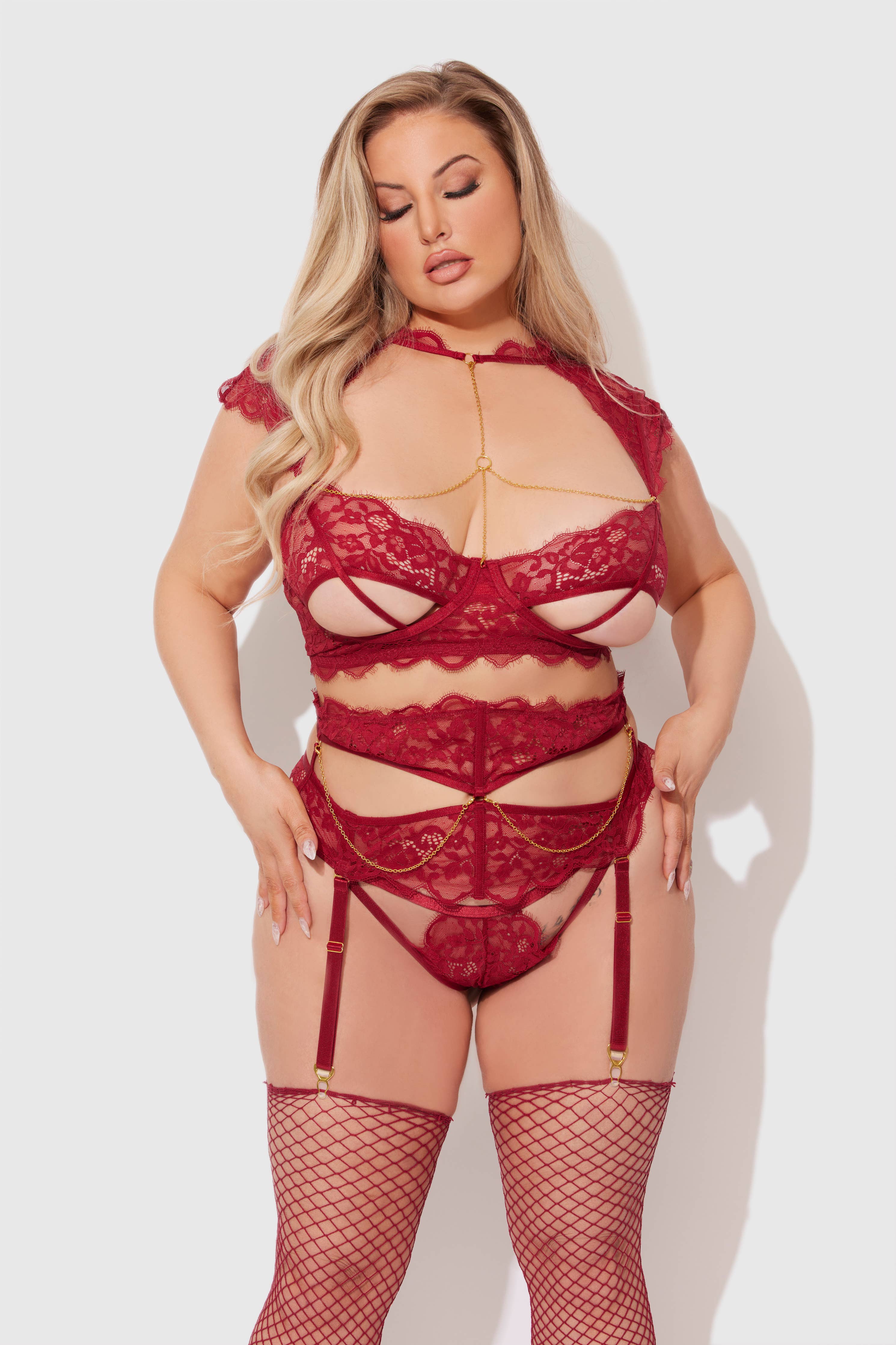 Dezi Lace & Chain Open Cup Bra, Garter & G-String Set