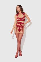 Dezi Lace & Chain Open Cup Bra, Garter & G-String Set