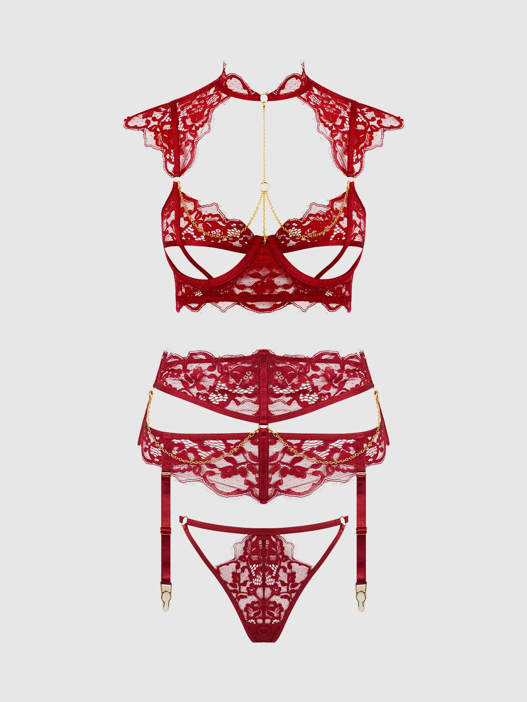 Dezi Lace & Chain Open Cup Bra, Garter & G-String Set