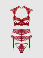 Dezi Lace & Chain Open Cup Bra, Garter & G-String Set