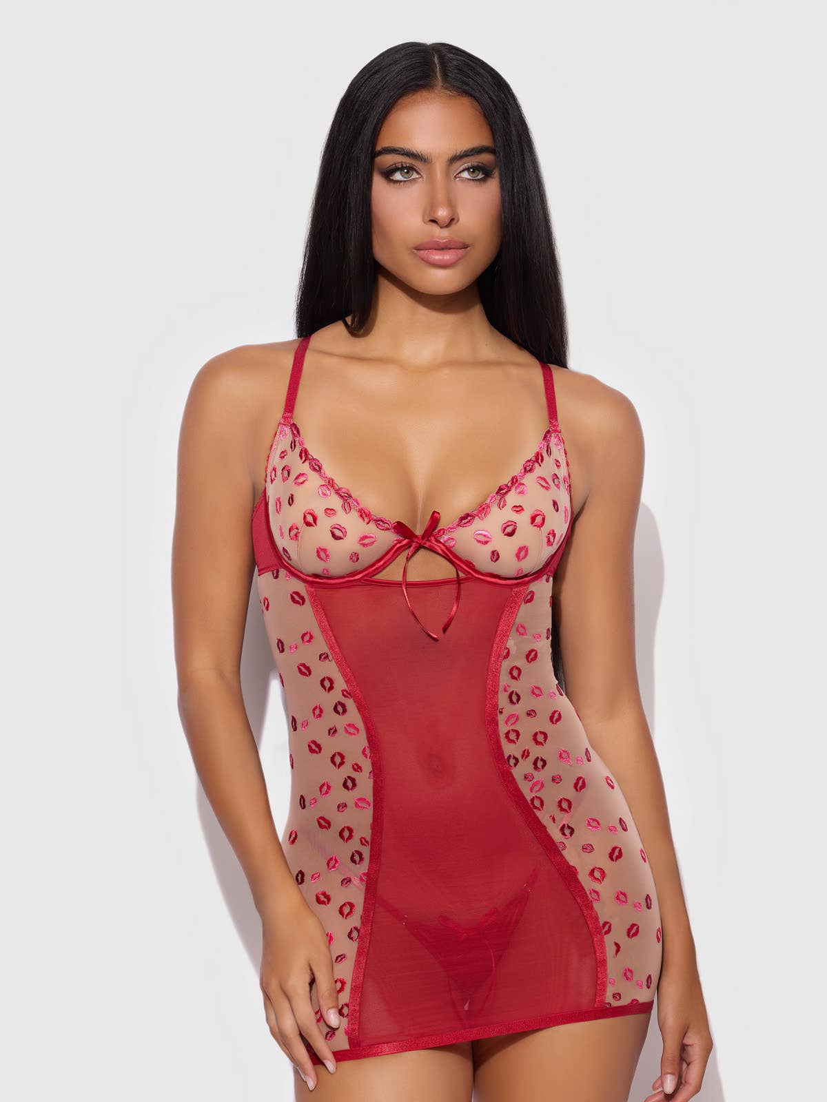 Angelina Lips Embroidery Bow Back Chemise Set