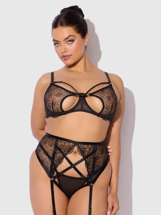 Bellvian™ Rosalie Lace Open-Cup Bra, Garter & G-String Set