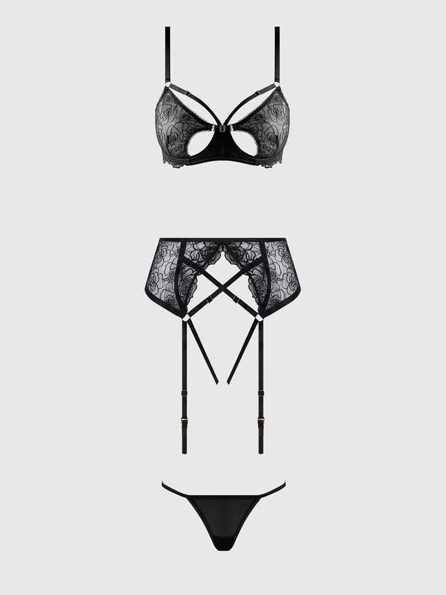Bellvian™ Rosalie Lace Open-Cup Bra, Garter & G-String Set