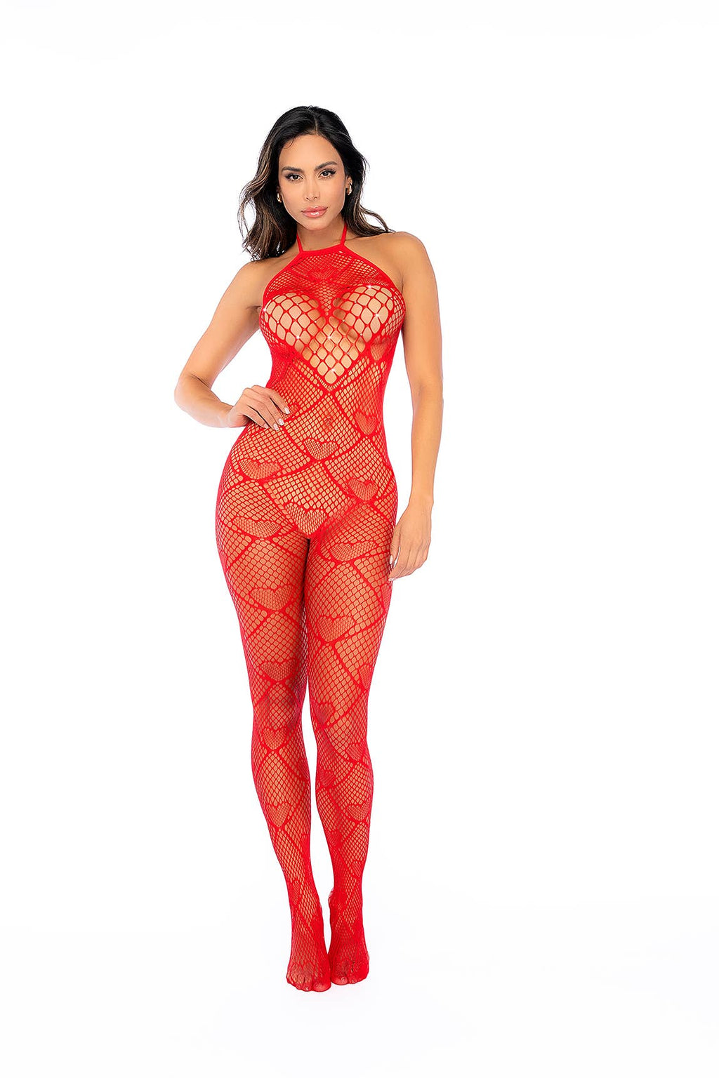 Heart Fishnet Bodystocking with Rhinestone