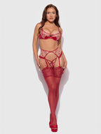 Angelina Lips Embroidery Open Cup Bra, Garter & Bow G-String Set