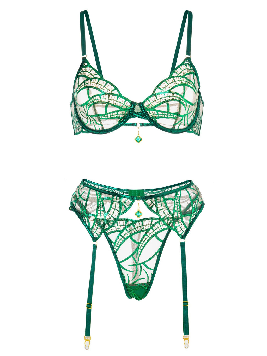 Bellvian™ Luxe Green Metallic Foil Lace Lingerie Set