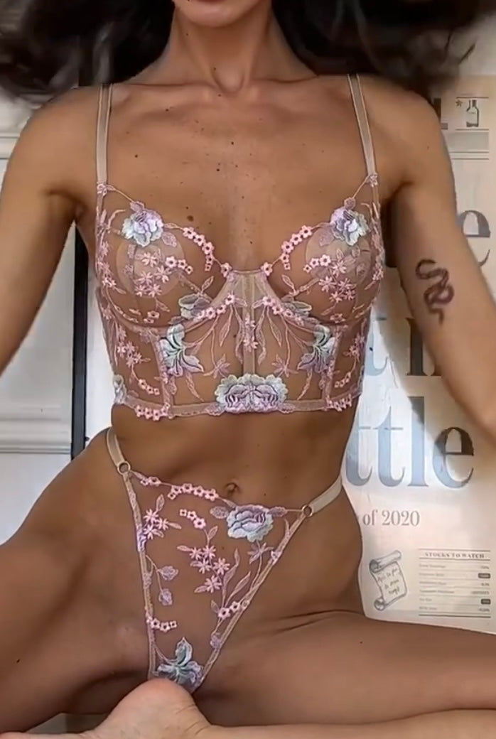 Champagne Floral Sexy Sheer Embroidered Lingerie Set