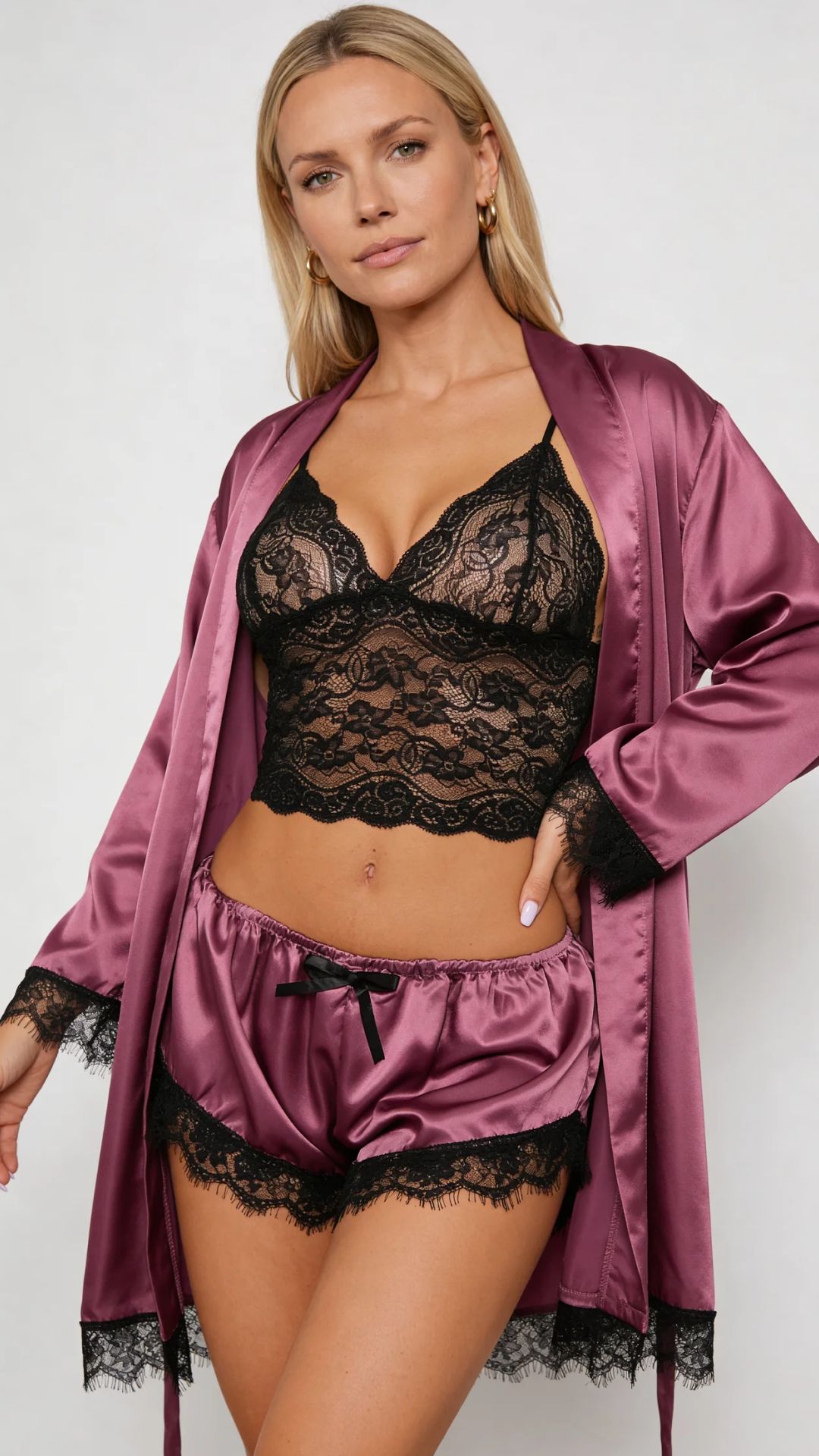 Bellvian purple bridal satin pajama set featuring lace camisole satin robe matching shorts luxury honeymoon sleepwear romantic anniversary gift for wife and premium women's nightwear UK