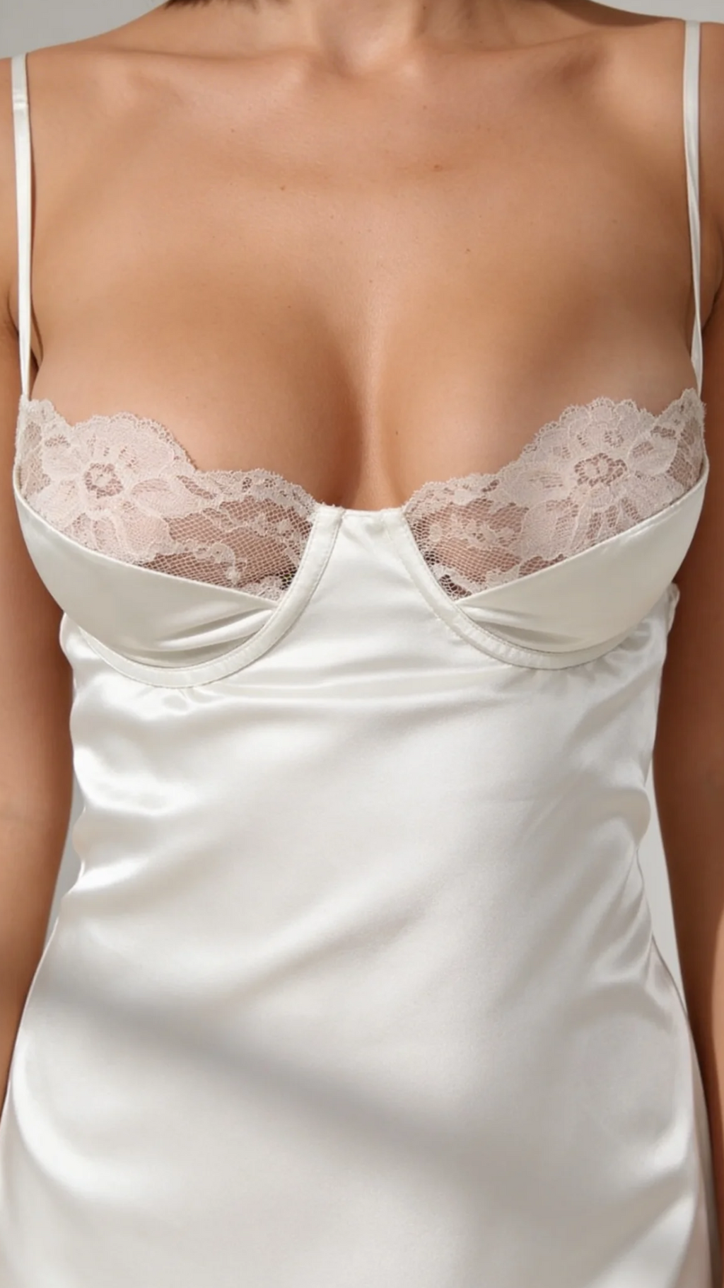 Bellvian underwired push up cups with delicate white floral lace trim, structured mesh corset bustier detailing, supportive low cut sweetheart neckline satin dress, romantic lingerie gift for wife.