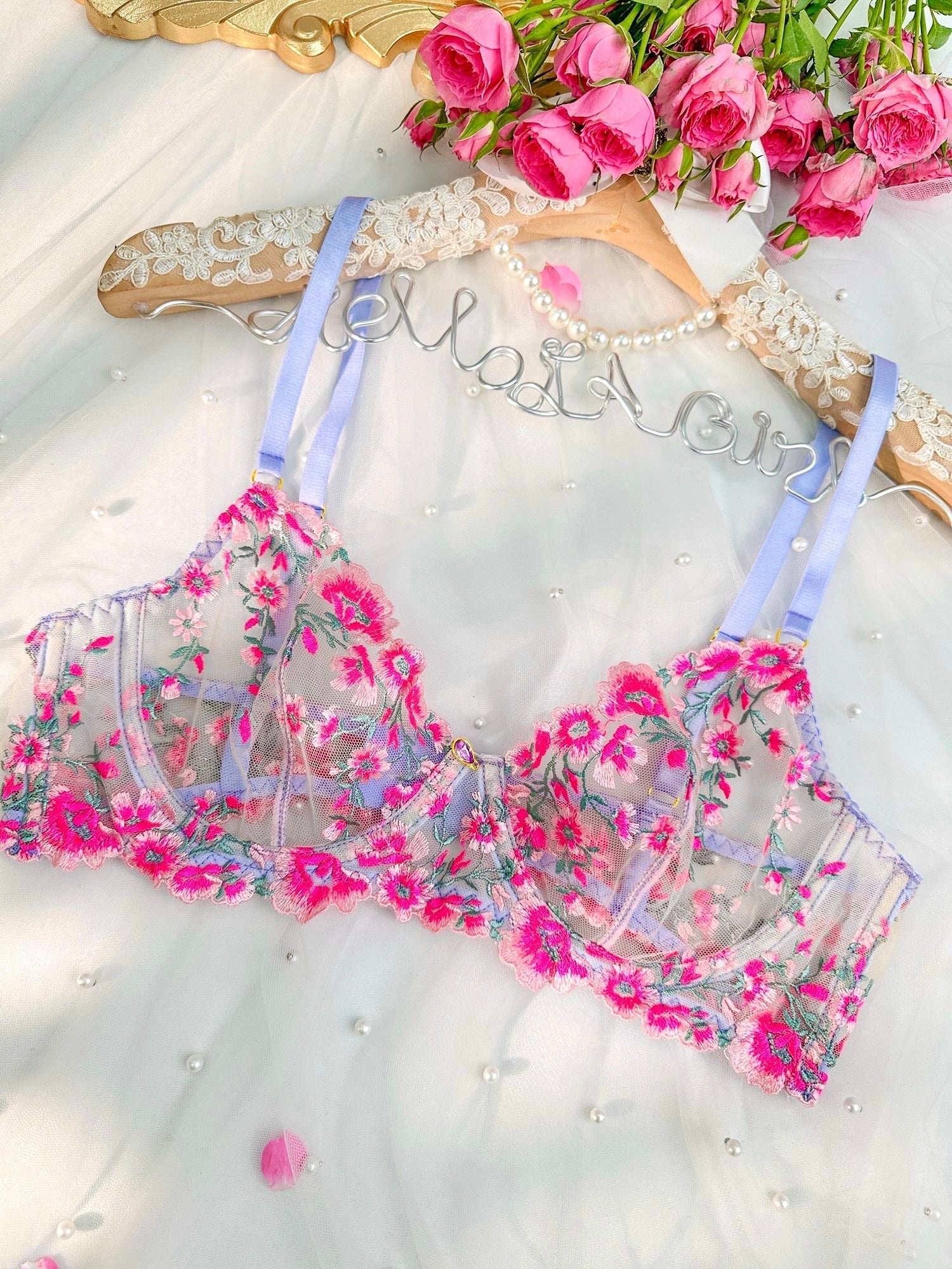 Fantasy Pink Bloom Embroidery Lingerie Set