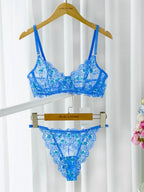 Blue Floral Embroidery Lingerie Set