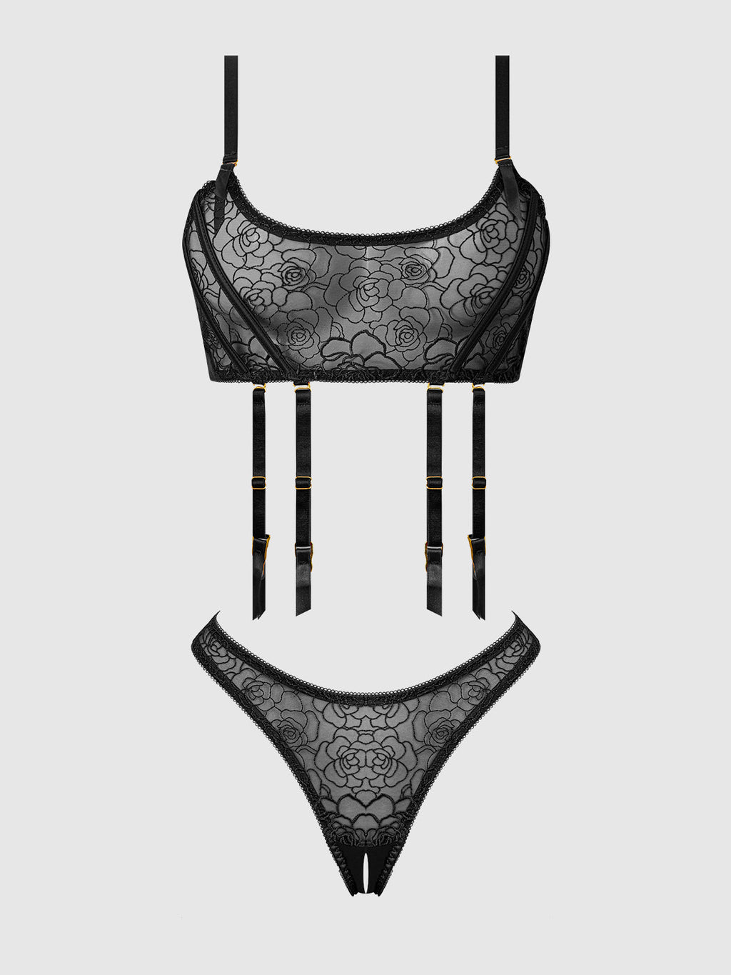 Bellvian™ Rosalie Embroidered Lace Garter Bralette & Tanga Set