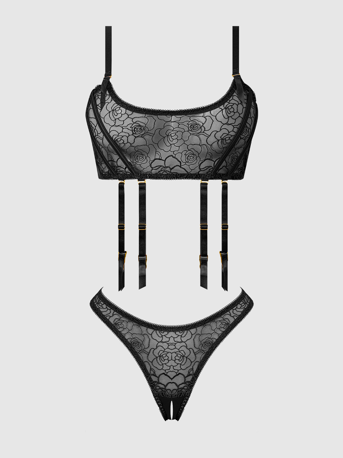 Bellvian™ Rosalie Embroidered Lace Garter Bralette & Tanga Set