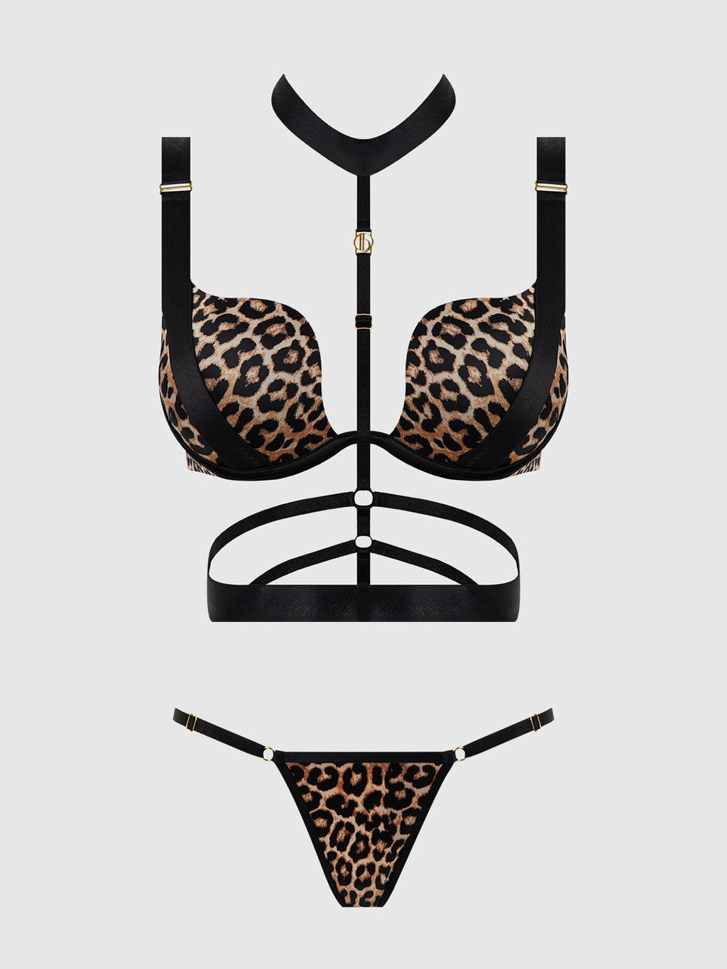 Devon Strappy Push Up Bra, Harness & G-String Set Leopard