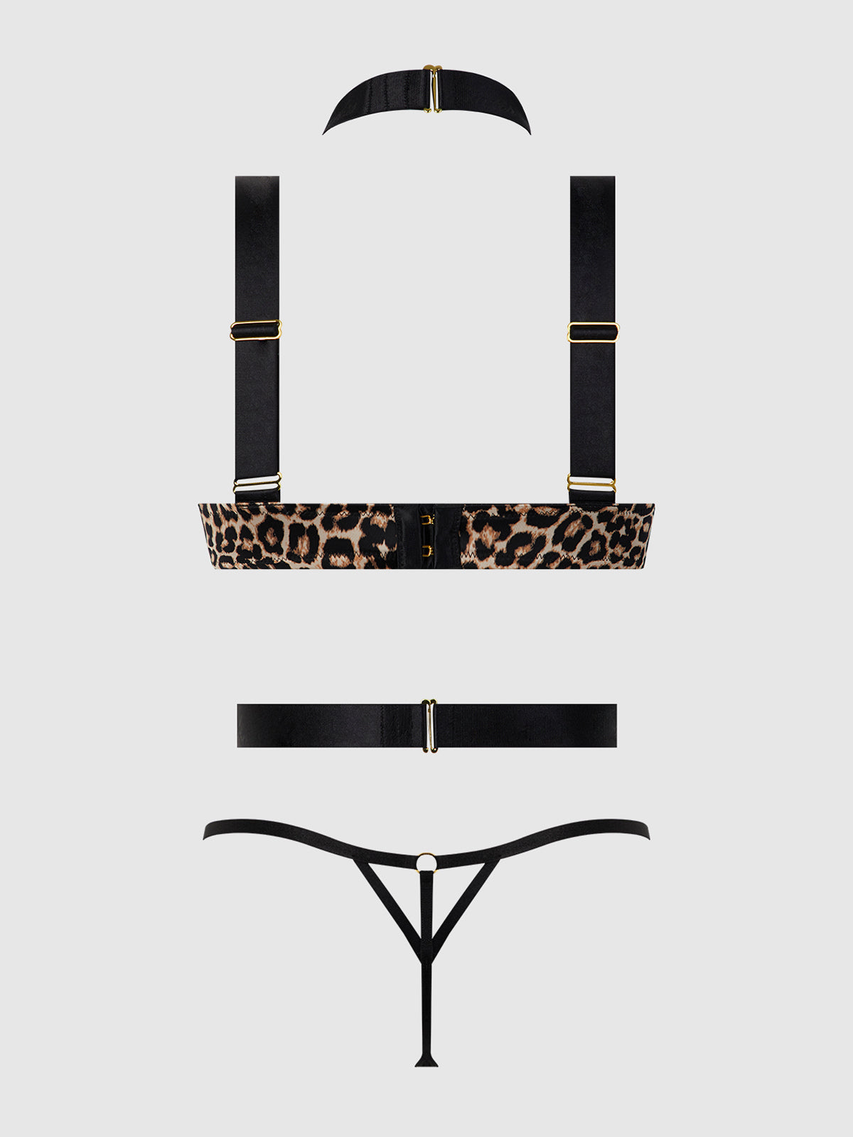 Devon Strappy Push Up Bra, Harness & G-String Set Leopard