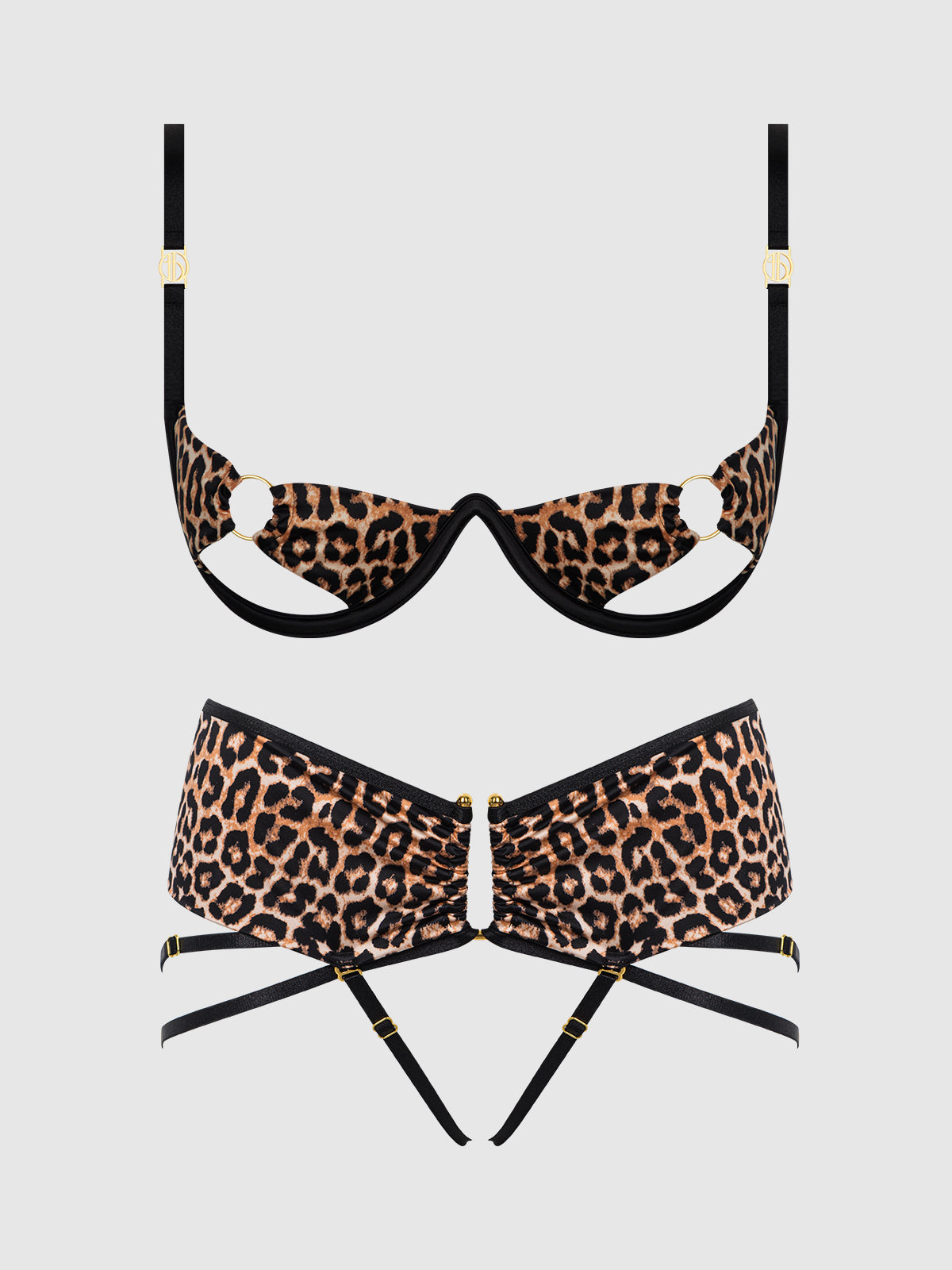 Devon Micro & O-Ring Open Bra & Crotchless Thong Set Leopard