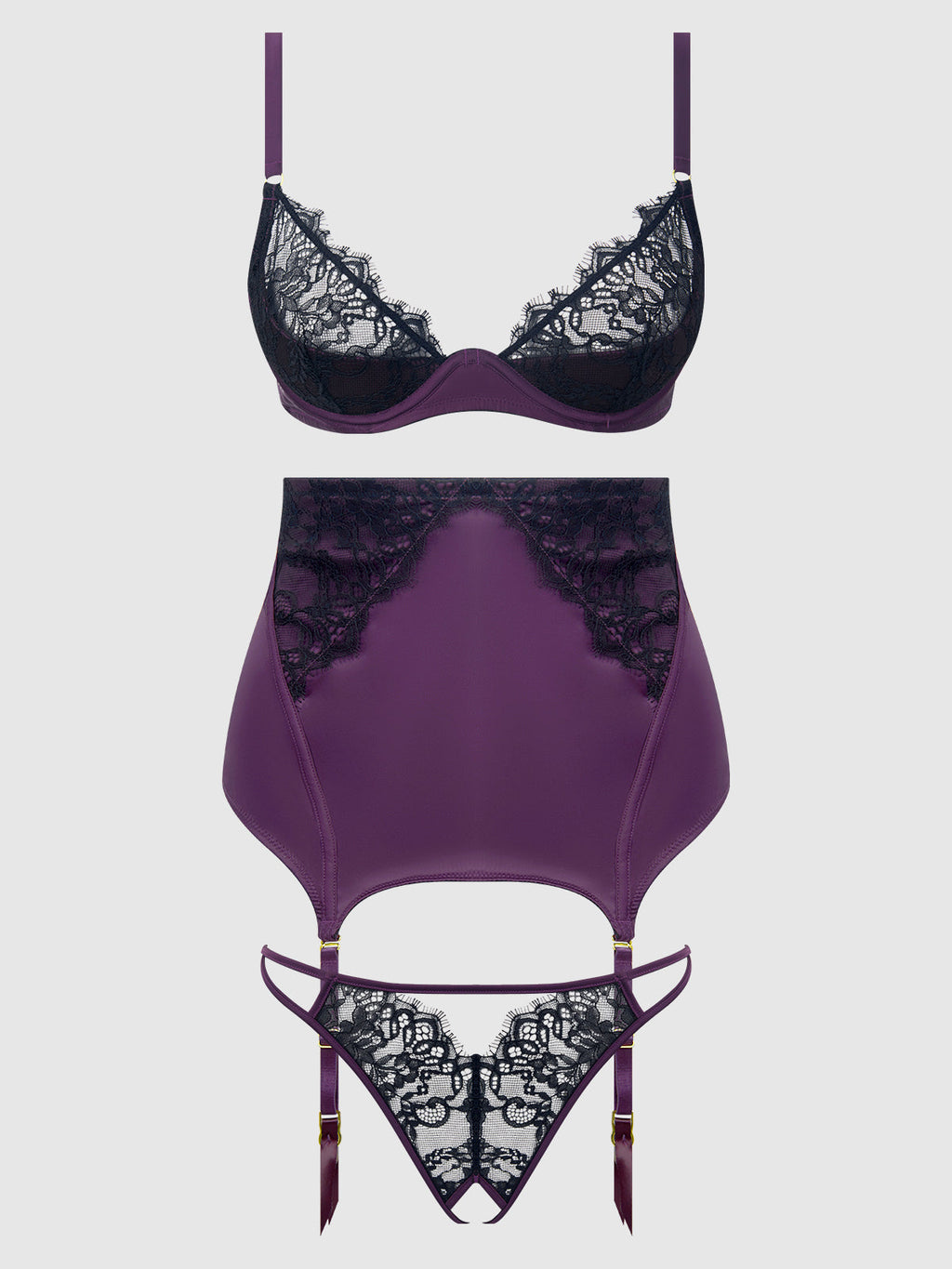 JOCELYN LACE & SATIN BRA, SKIRT & CROTCHLESS G-STRING SET