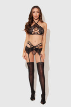 Felicia Leopard Mesh & Lace Bra, Garter & G-String Set