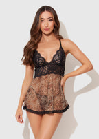 Felicia Leopard Mesh & Lace Babydoll Set