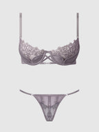 Eden Embroidered Lace Satin Cups Bra & G-String Set Grey