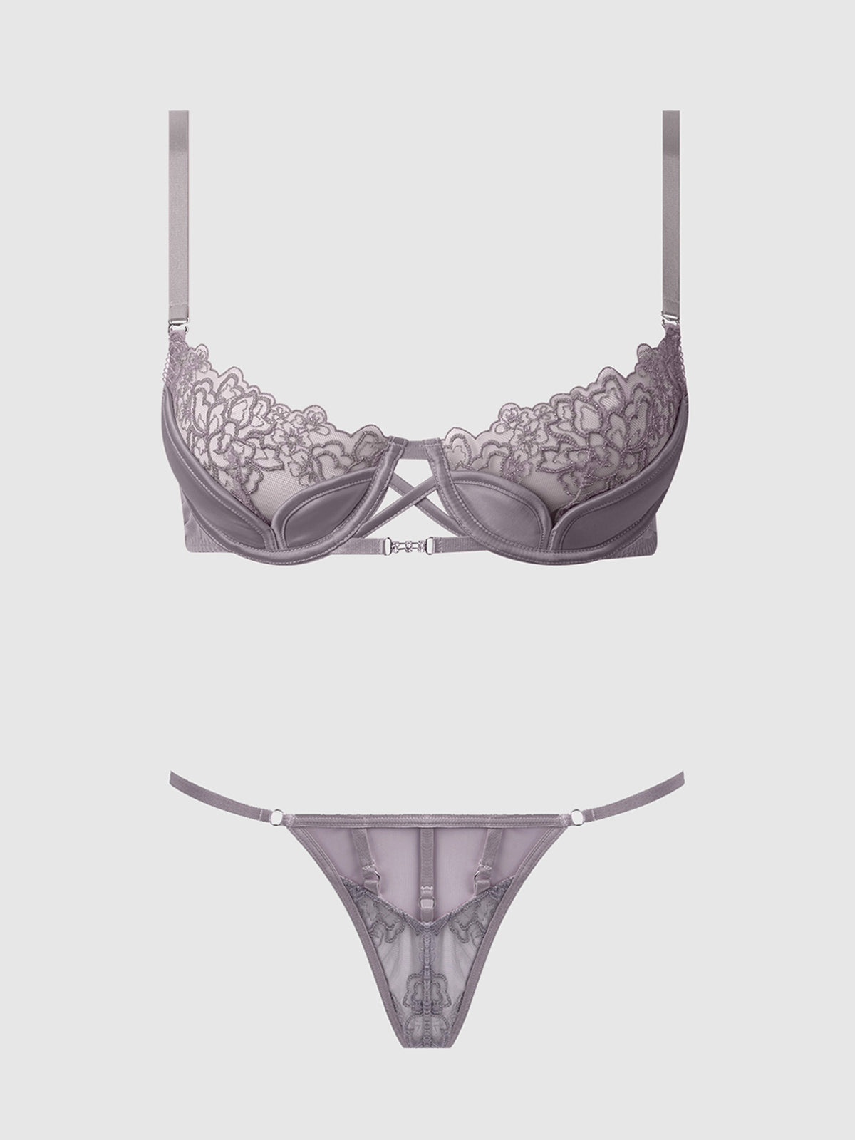 Eden Embroidered Lace Satin Cups Bra & G-String Set Grey