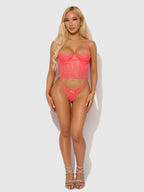 Eden Embroidered Lace Bustier Bra & G-String Set Coral
