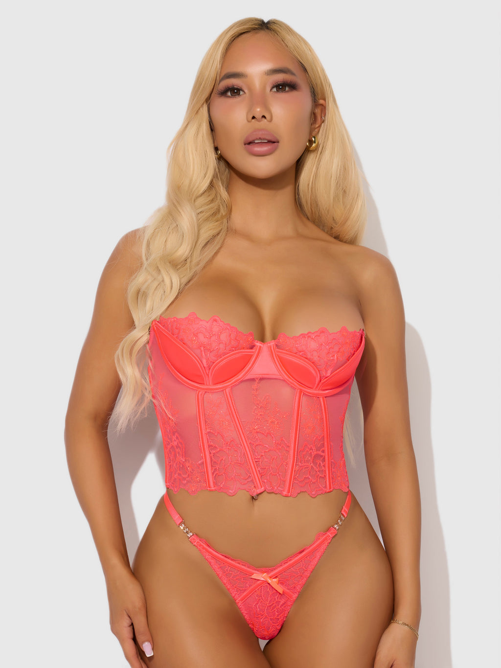 Eden Embroidered Lace Bustier Bra & G-String Set Coral