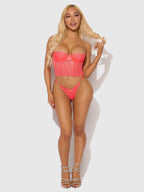Eden Embroidered Lace Bustier Bra & G-String Set Coral