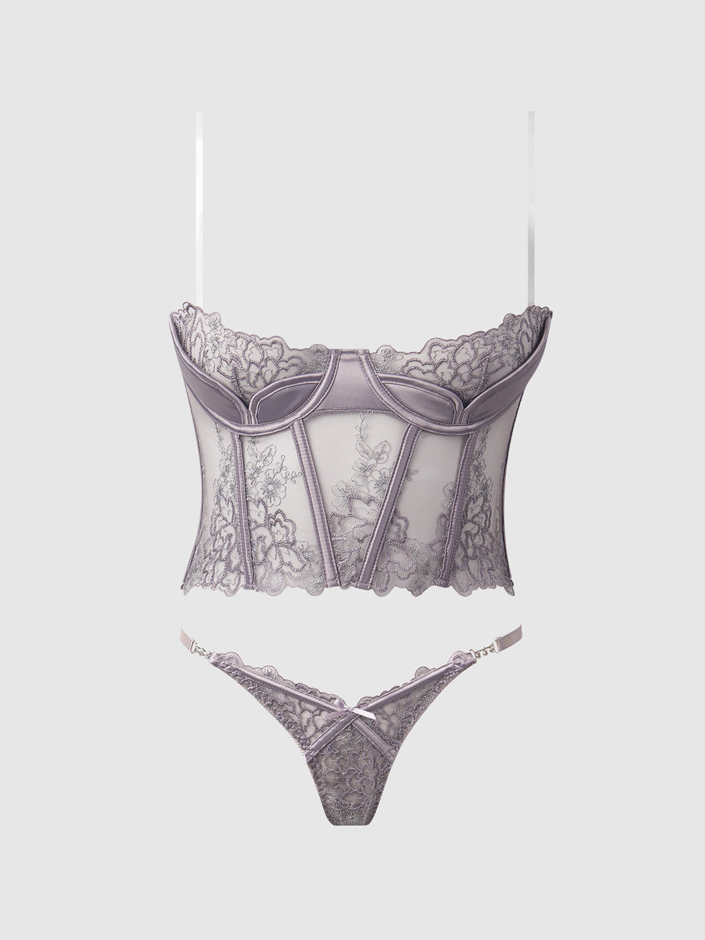 Eden Embroidered Lace Bustier Bra & G-String Set Grey