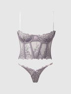 Eden Embroidered Lace Bustier Bra & G-String Set Grey