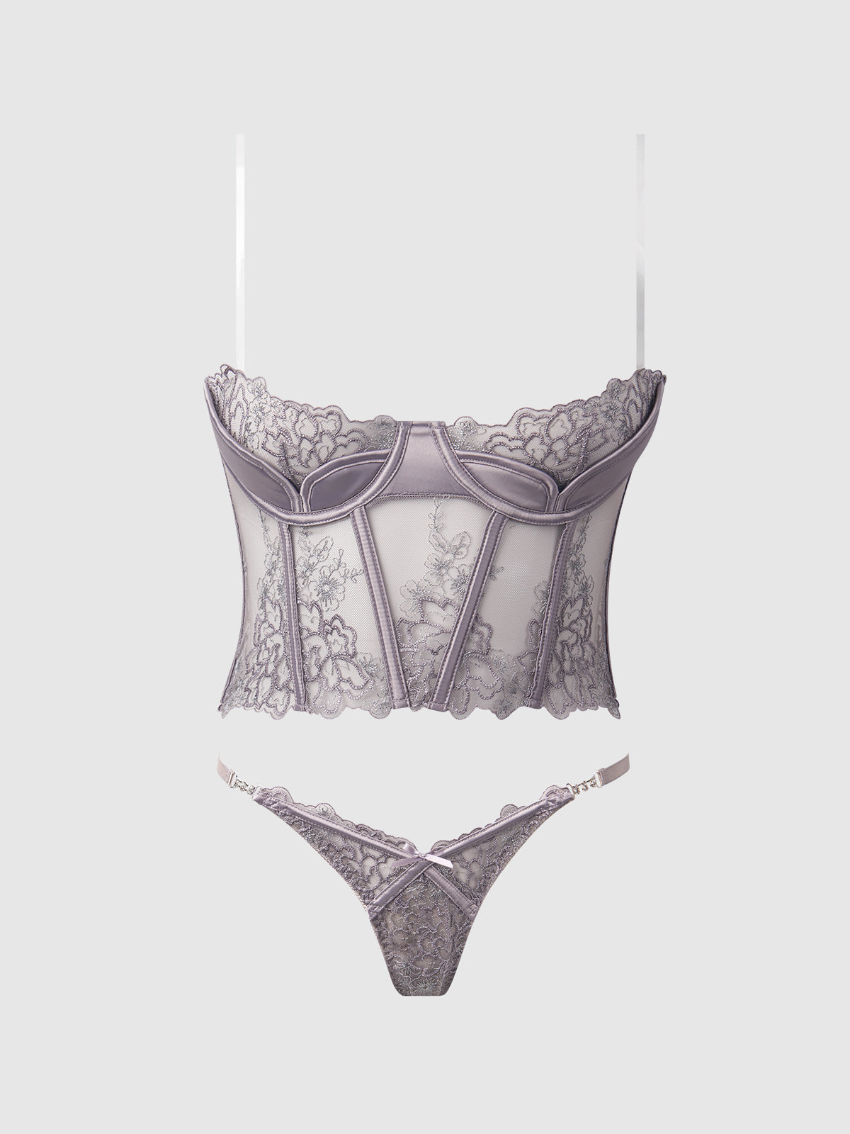 Eden Embroidered Lace Bustier Bra & G-String Set Grey
