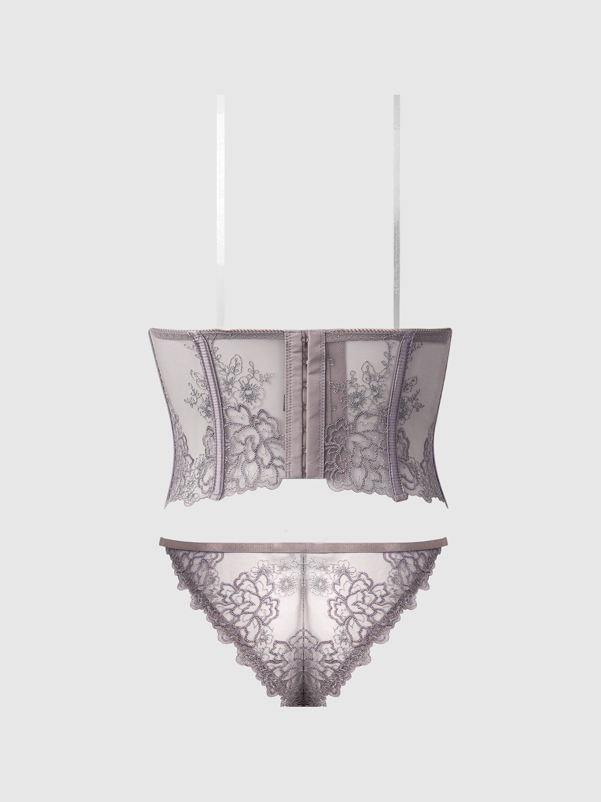 Eden Embroidered Lace Bustier Bra & G-String Set Grey