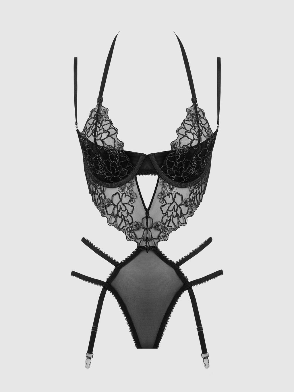 Eden Embroidered Lace Gartered Teddy Black