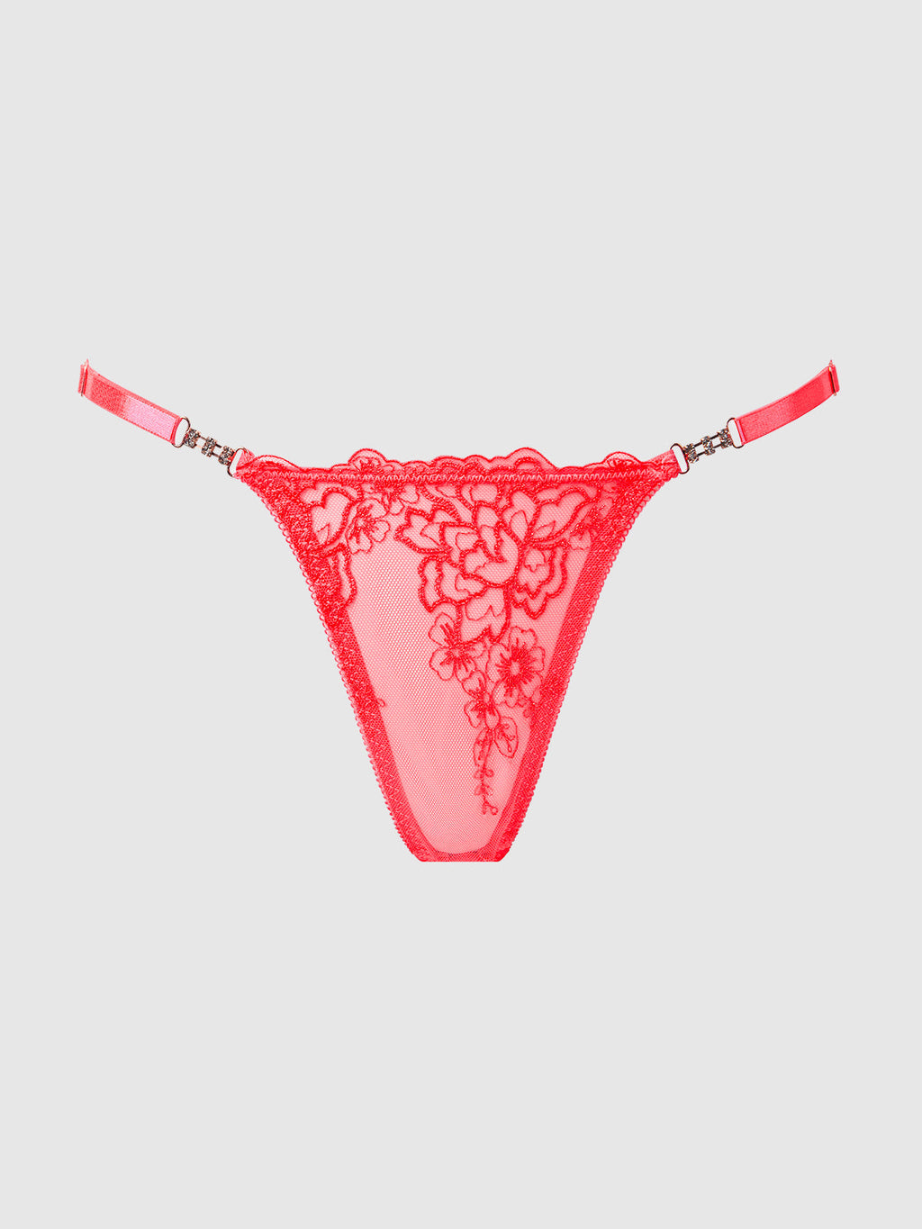 Eden Embroidered Lace Crotchless Thong Coral