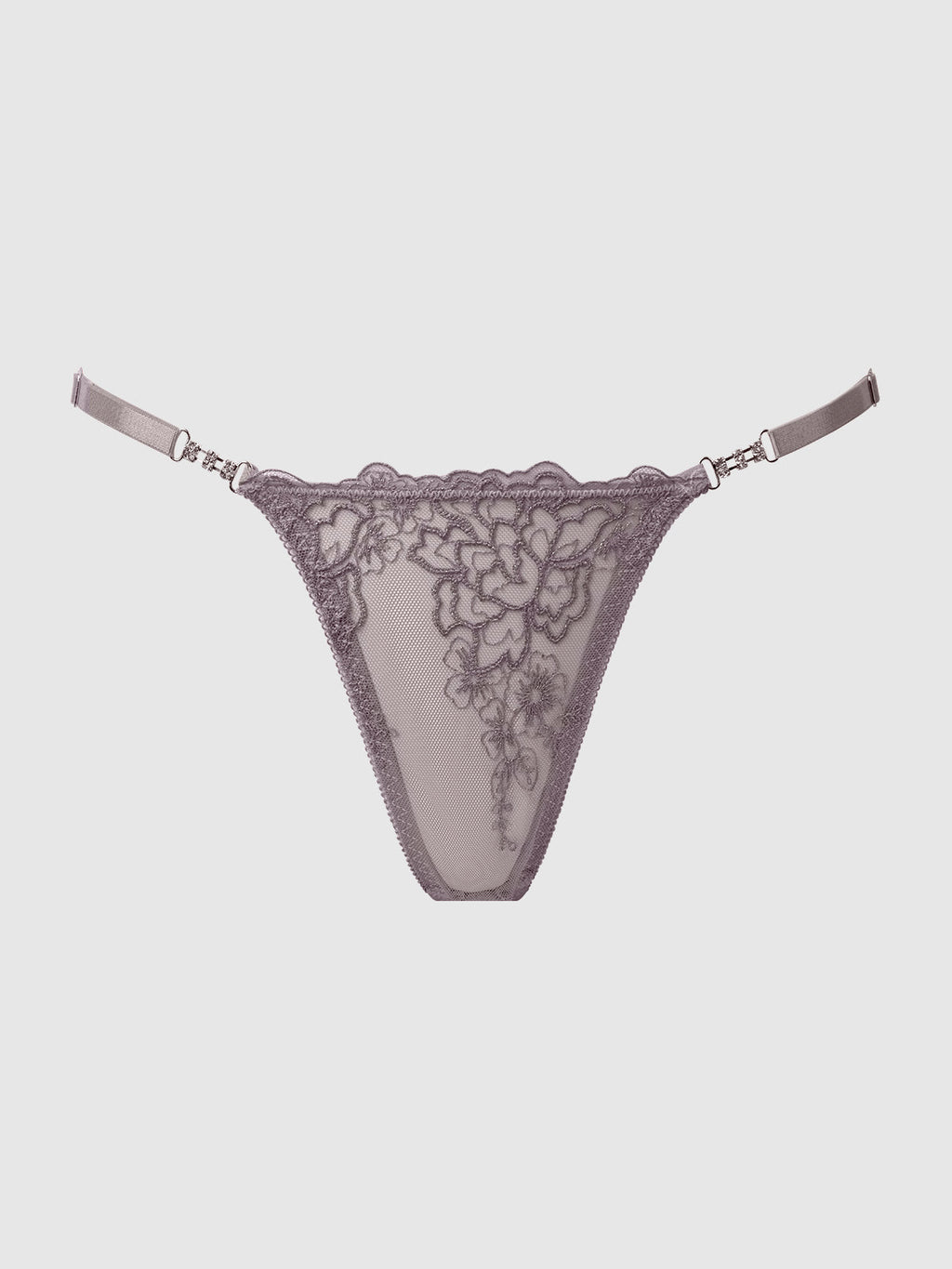 Eden Embroidered Lace Crotchless Thong Grey