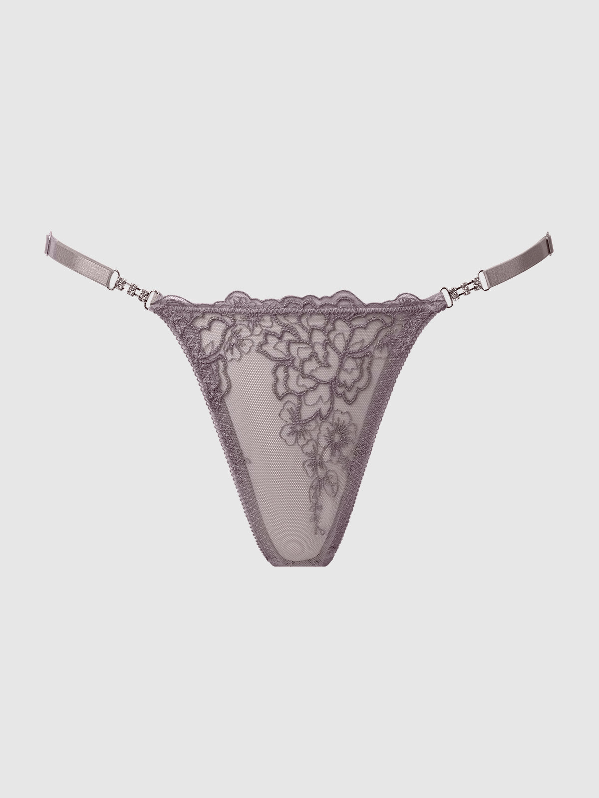 Eden Embroidered Lace Crotchless Thong Grey