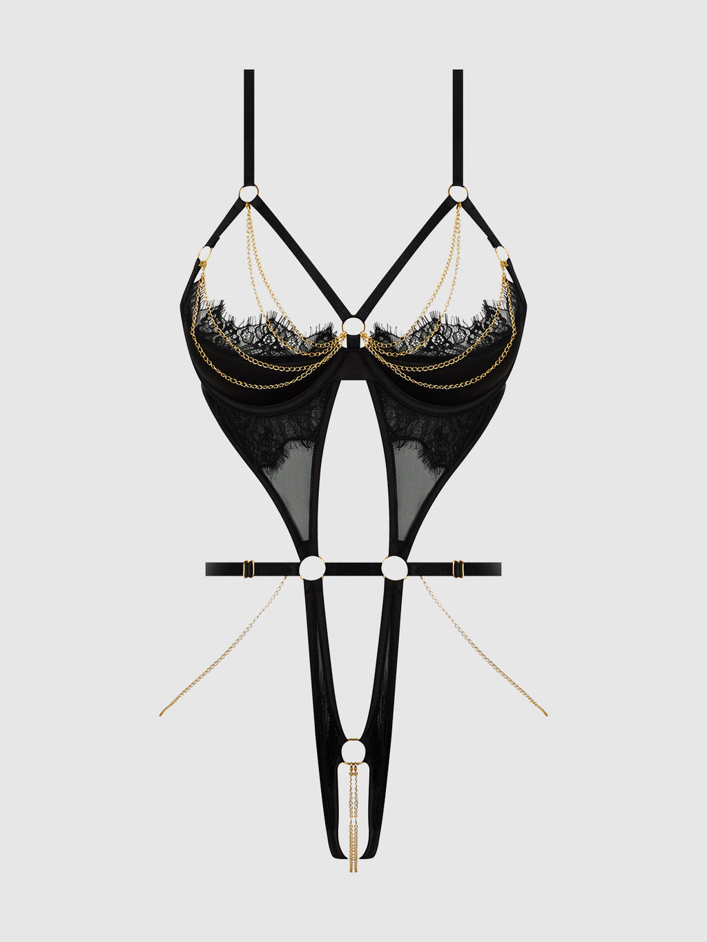 EVE LACE & CHAIN OPEN CUP & CROTCHLESS HARNESS TEDDY