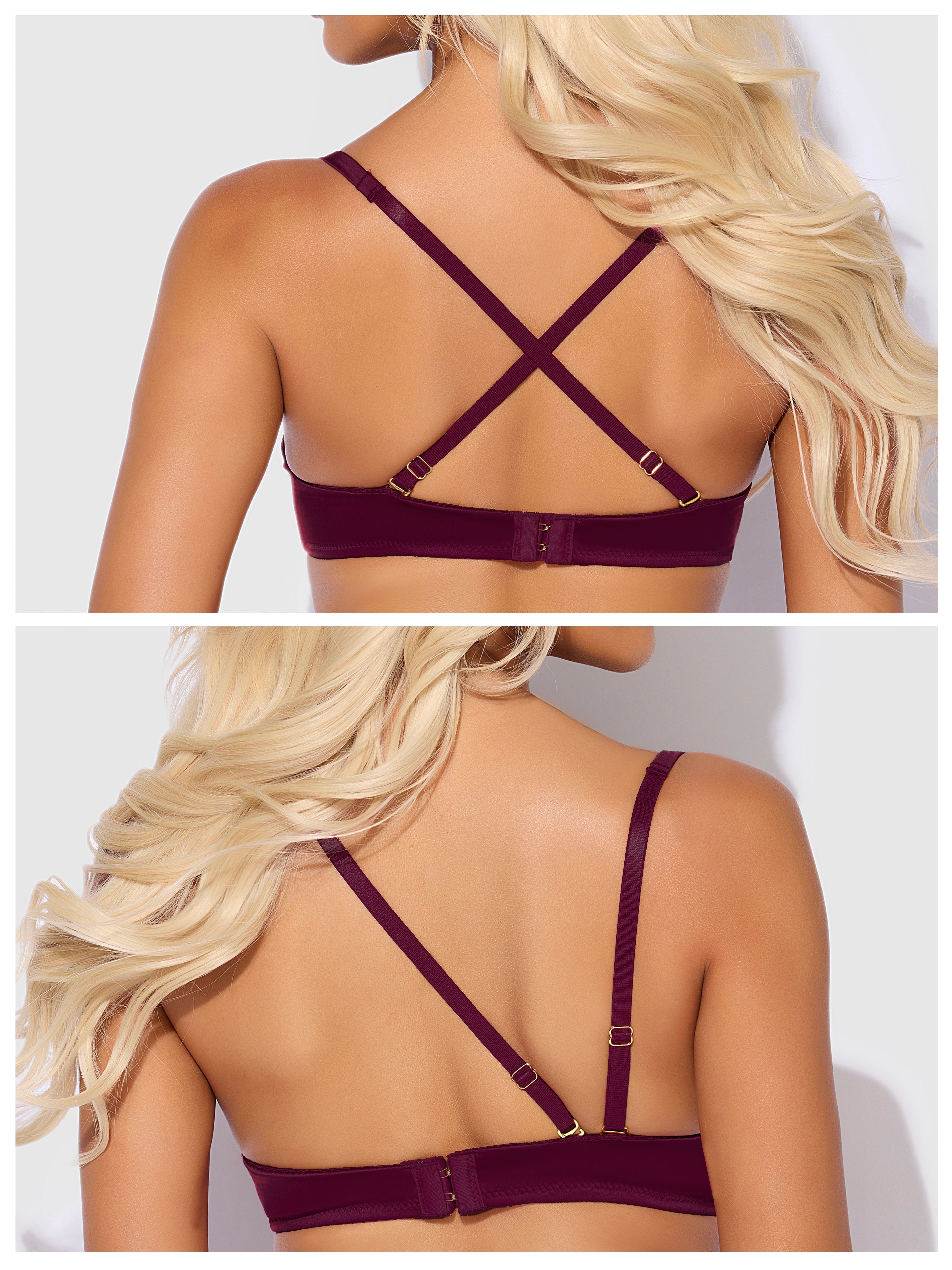 BRIGETA SATIN DEEP PLUNGE PUSH UP BRA, GARTER & THONG SET