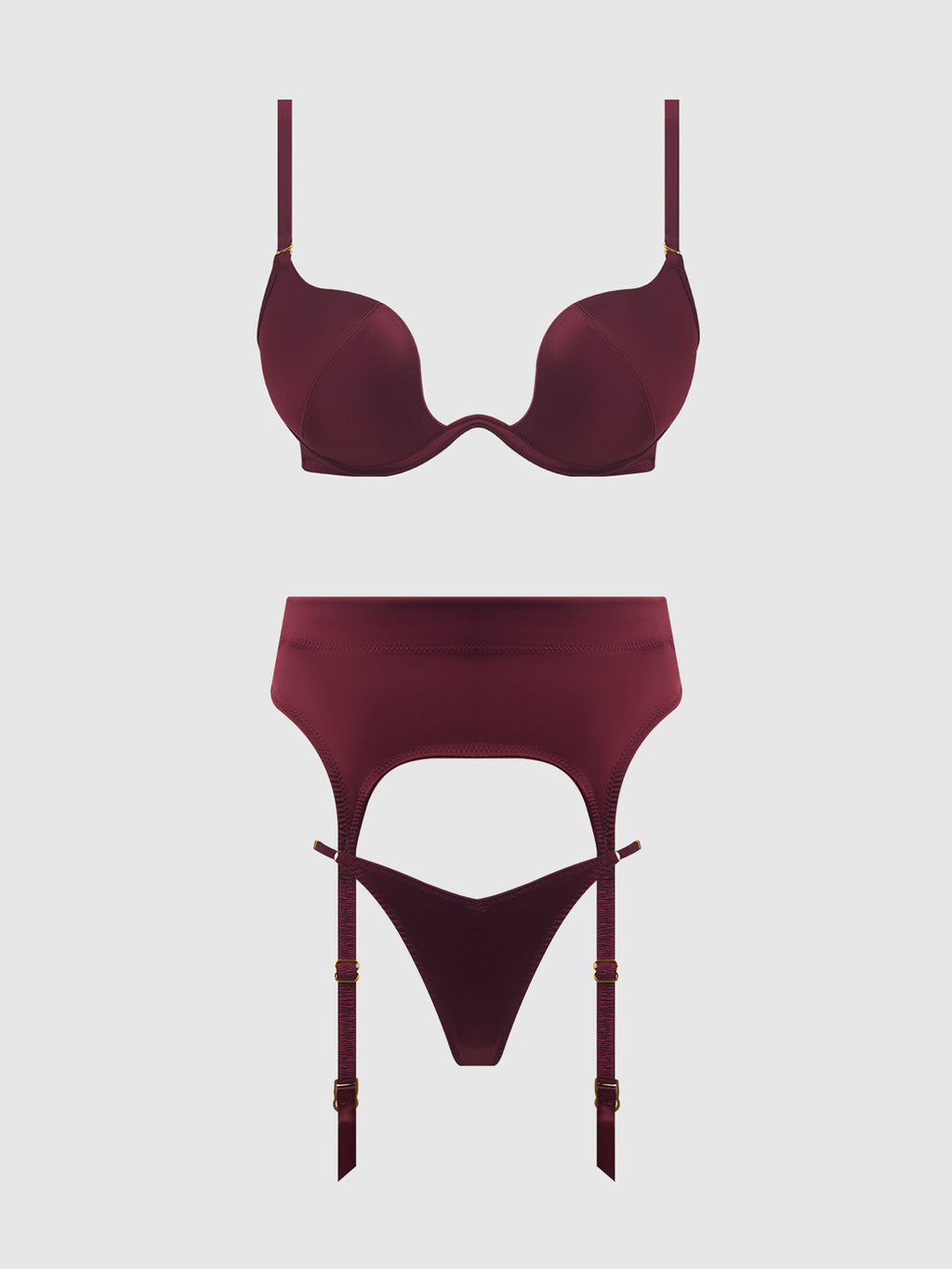 BRIGETA SATIN DEEP PLUNGE PUSH UP BRA, GARTER & THONG SET