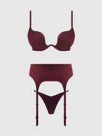 BRIGETA SATIN DEEP PLUNGE PUSH UP BRA, GARTER & THONG SET