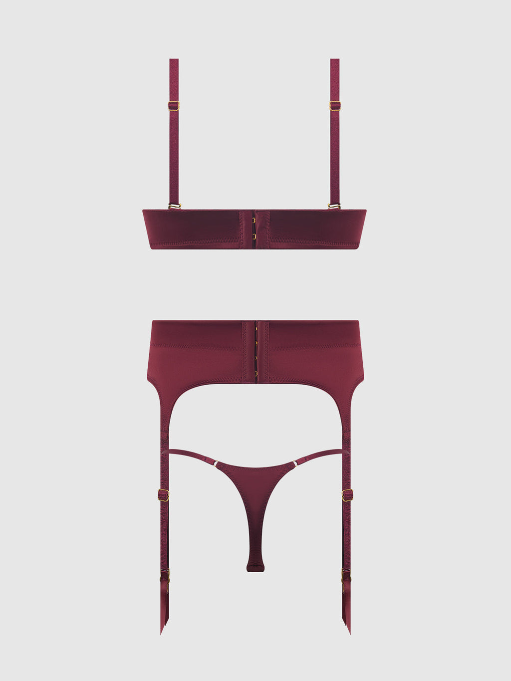 BRIGETA SATIN DEEP PLUNGE PUSH UP BRA, GARTER & THONG SET