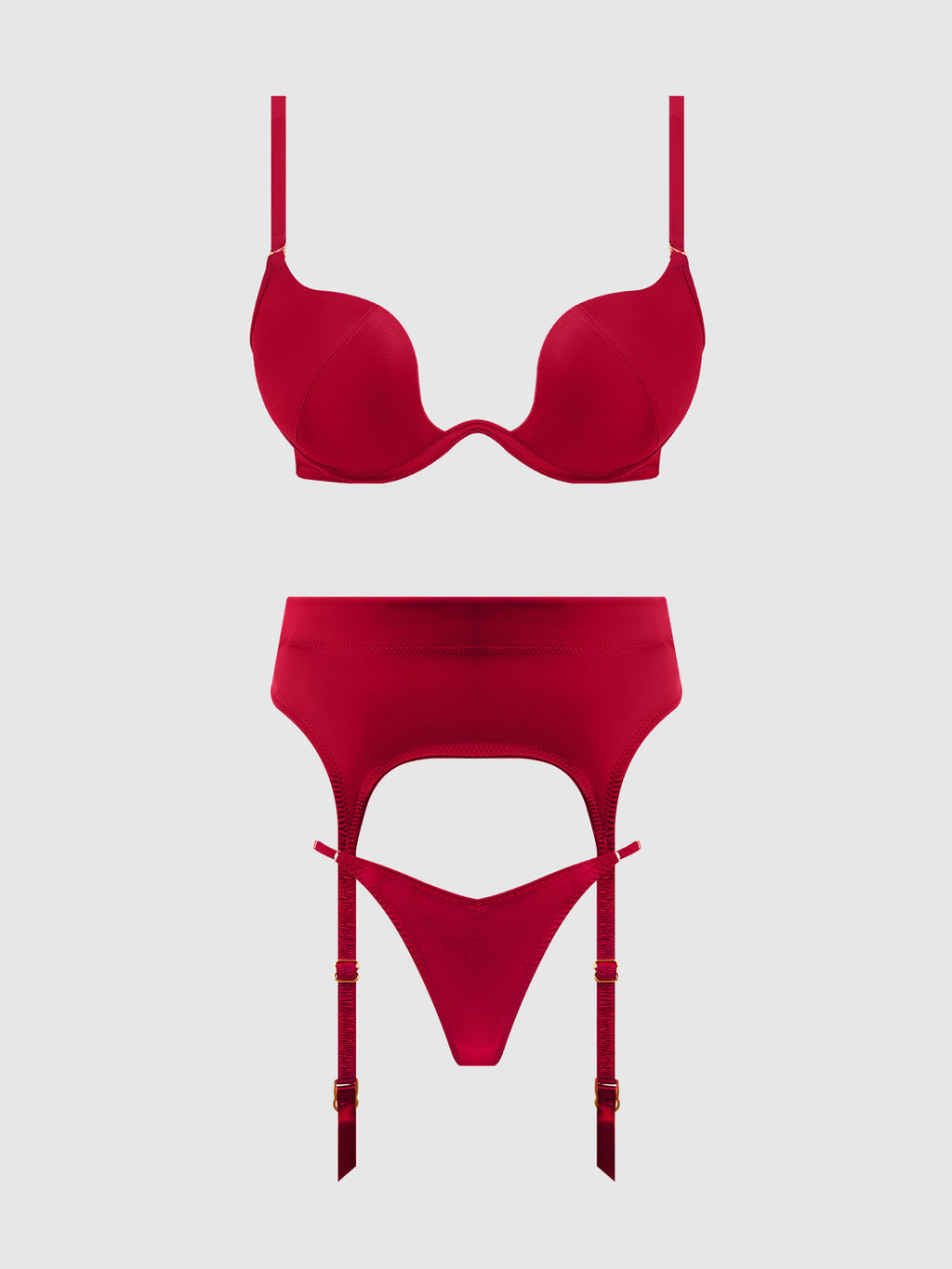 BRIGETA SATIN DEEP PLUNGE PUSH UP BRA, GARTER & THONG SET